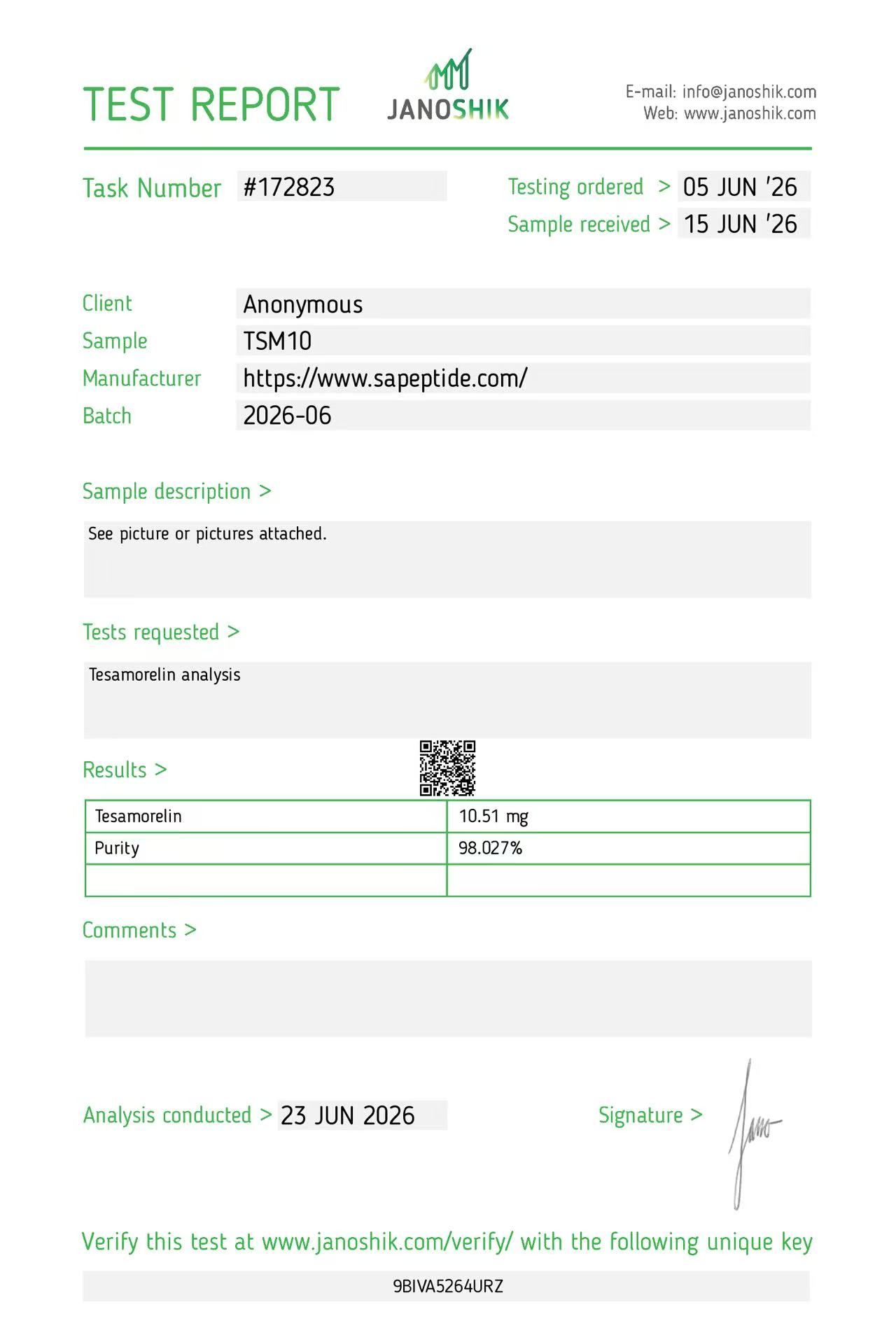 Tesamorelin 10mg Janoshik report